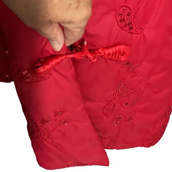 Hwei Na Si Vintage Red Silk Puffer Coat Embroidered Sequin Frog Closures XXXL - Picture 5 of 8